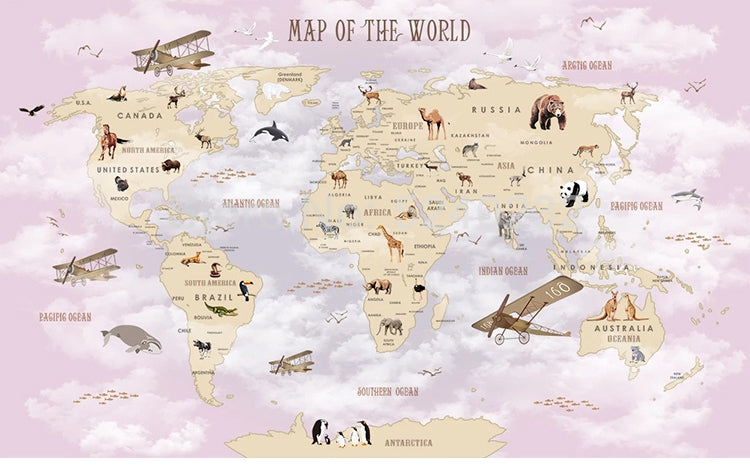 GeoExplorers: Interactive Purple Theme World Map Wallpaper for Kids-ChandeliersDecor