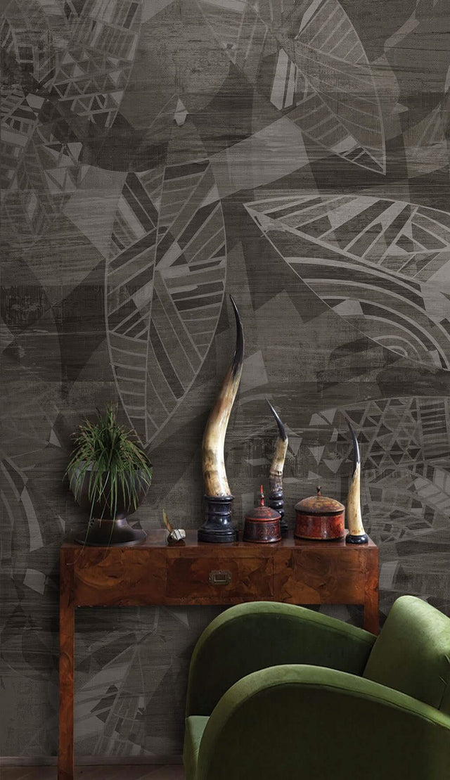 Geometric Dark Leaves Wallpaper Mural-ChandeliersDecor.com