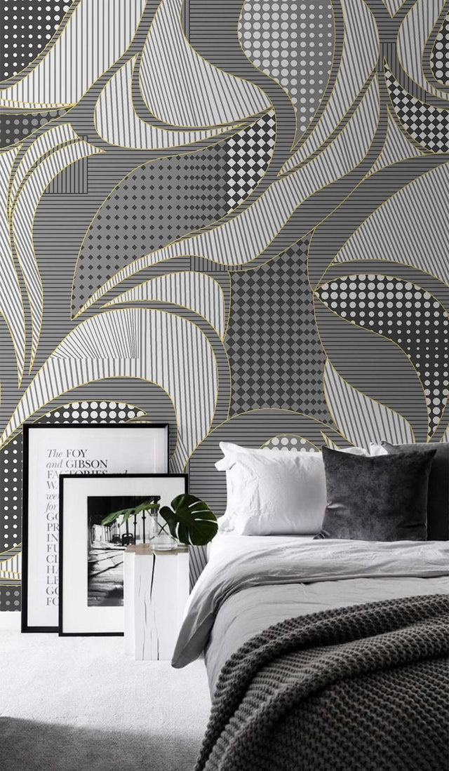 Geometric Gray Wavy Pattern Wallpaper Mural-ChandeliersDecor.com
