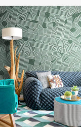 Geometric Green Waves Wallpaper Mural-ChandeliersDecor.com