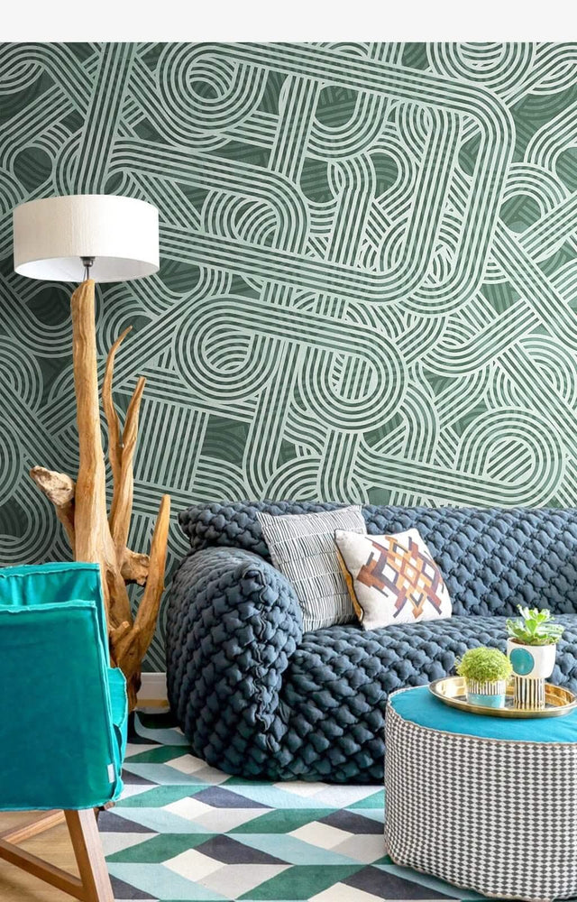 Geometric Green Waves Wallpaper Mural-ChandeliersDecor.com