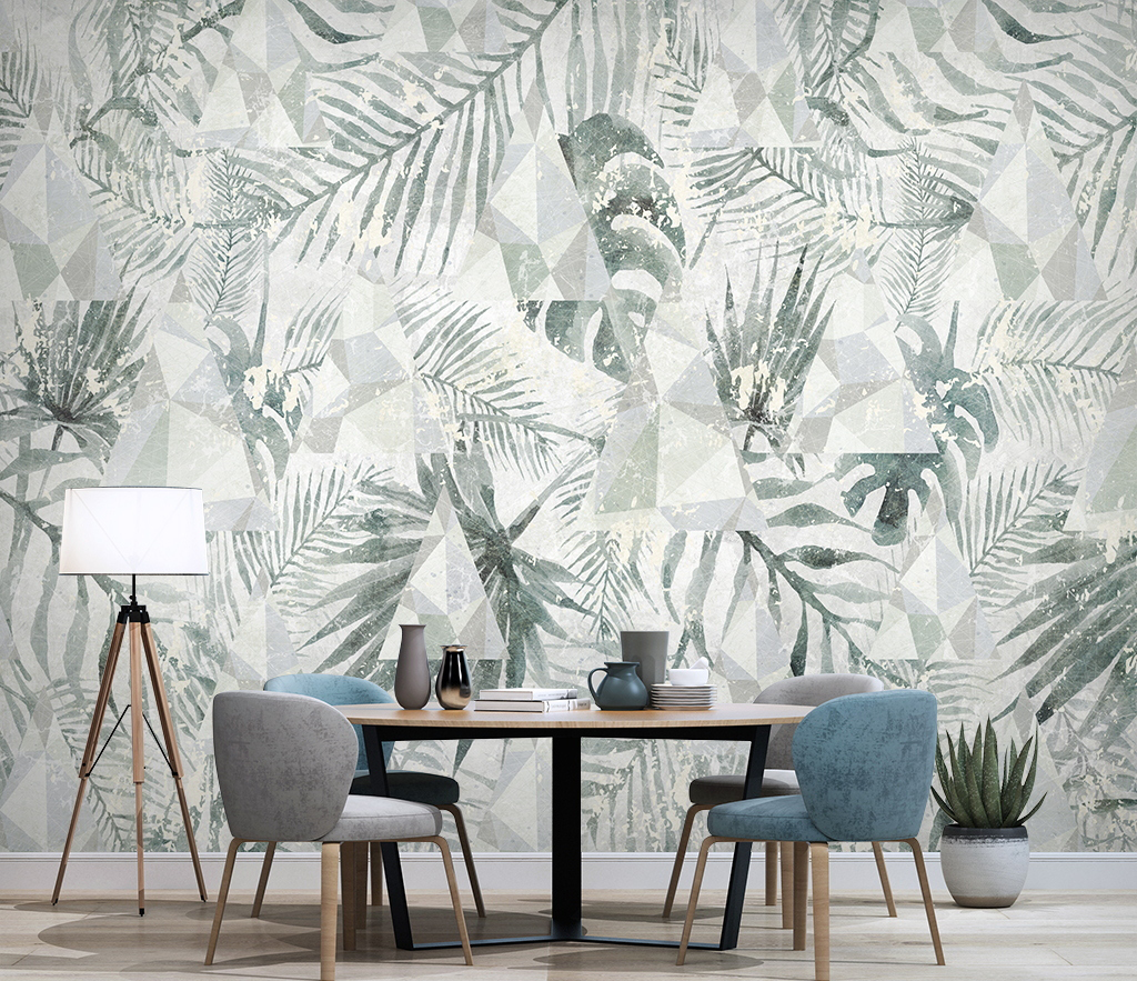 Conception de feuilles géométriques - Peintures murales tropicales en papier peint