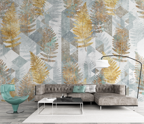 Gold Autumn Leaf Geometric Wallpaper Mural-ChandeliersDecor