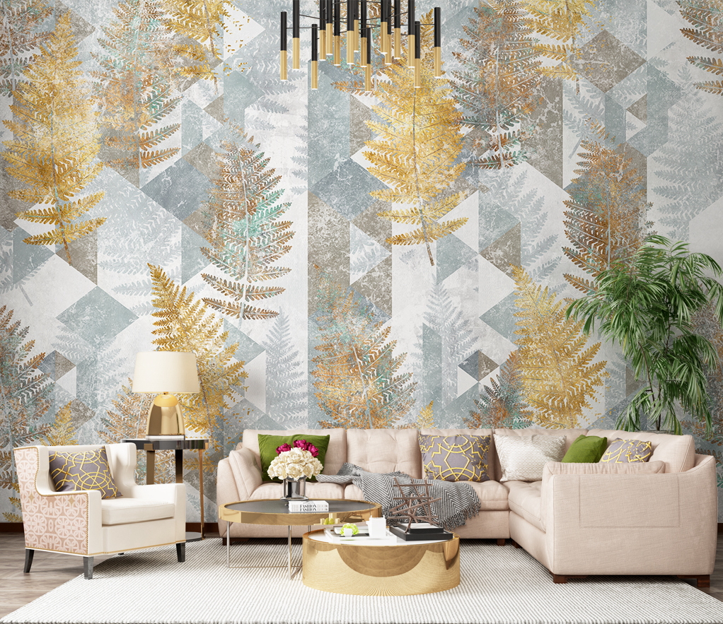 Gold Autumn Leaf Geometric Wallpaper Mural-ChandeliersDecor