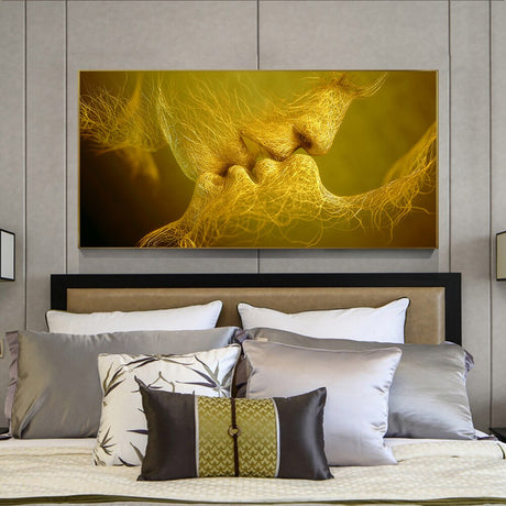 Golden And Black Love Kiss Lips Canvas Wall Art-ChandeliersDecor