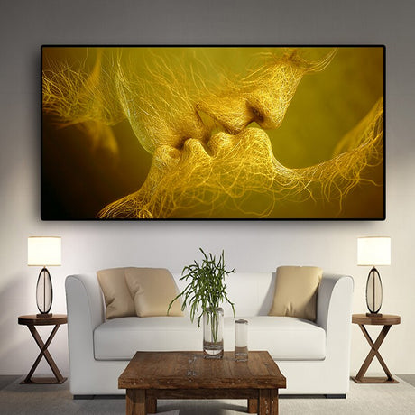 Golden And Black Love Kiss Lips Canvas Wall Art-ChandeliersDecor