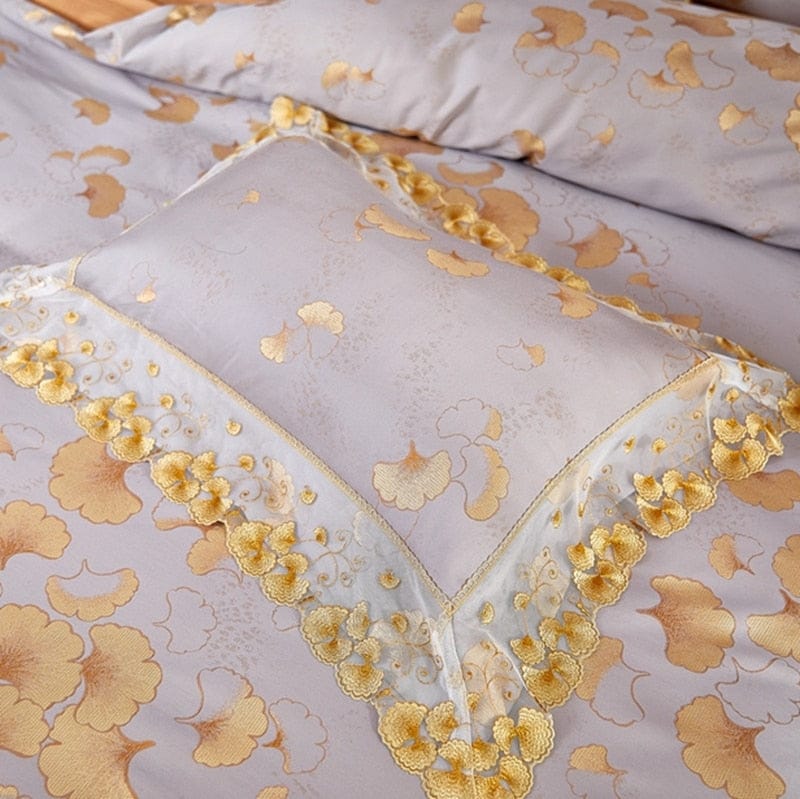 Golden Leaves Lace Luxury Satin Cotton Bedding set