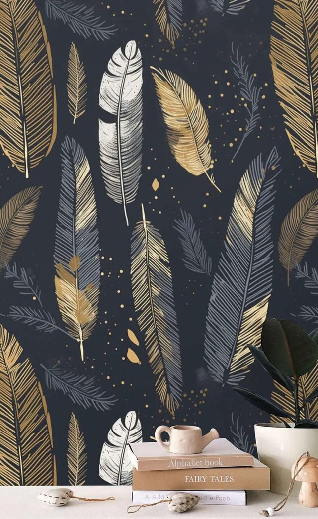 Golden Shine Leaves Wallpaper Mural-ChandeliersDecor.com