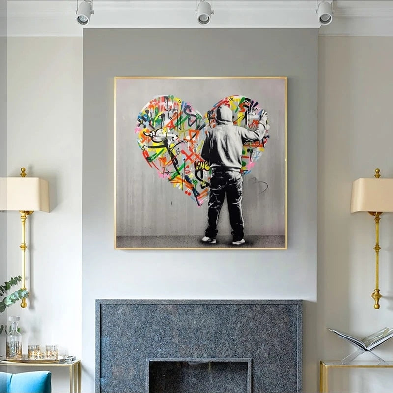 Graffiti Art of Guy Behind The Love Canvas Wall Art-ChandeliersDecor