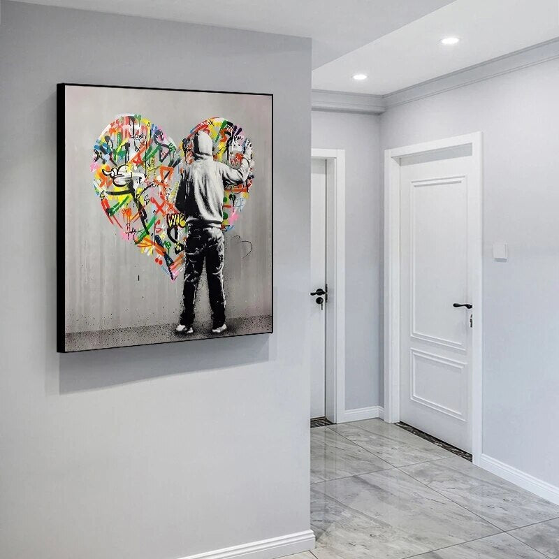 Graffiti Art of Guy Behind The Love Canvas Wall Art-ChandeliersDecor