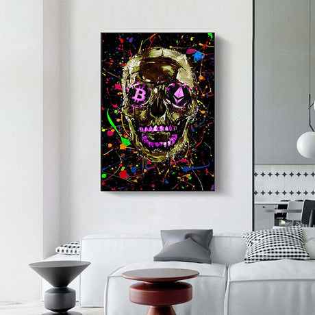 Graffiti Colourful Skulls with Crown Canvas Wall Art-ChandeliersDecor