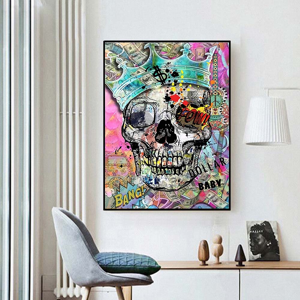 Graffiti Colourful Skulls with Crown Canvas Wall Art-ChandeliersDecor