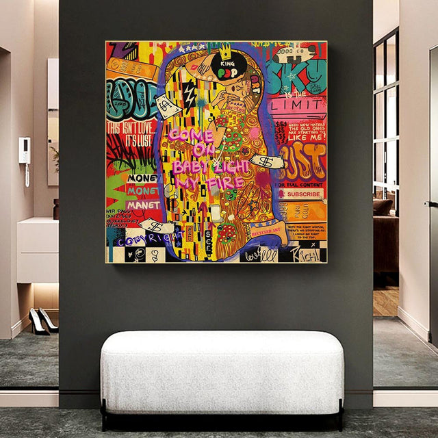 Graffiti Wall Art Lovers Kiss Canvas Wall Art