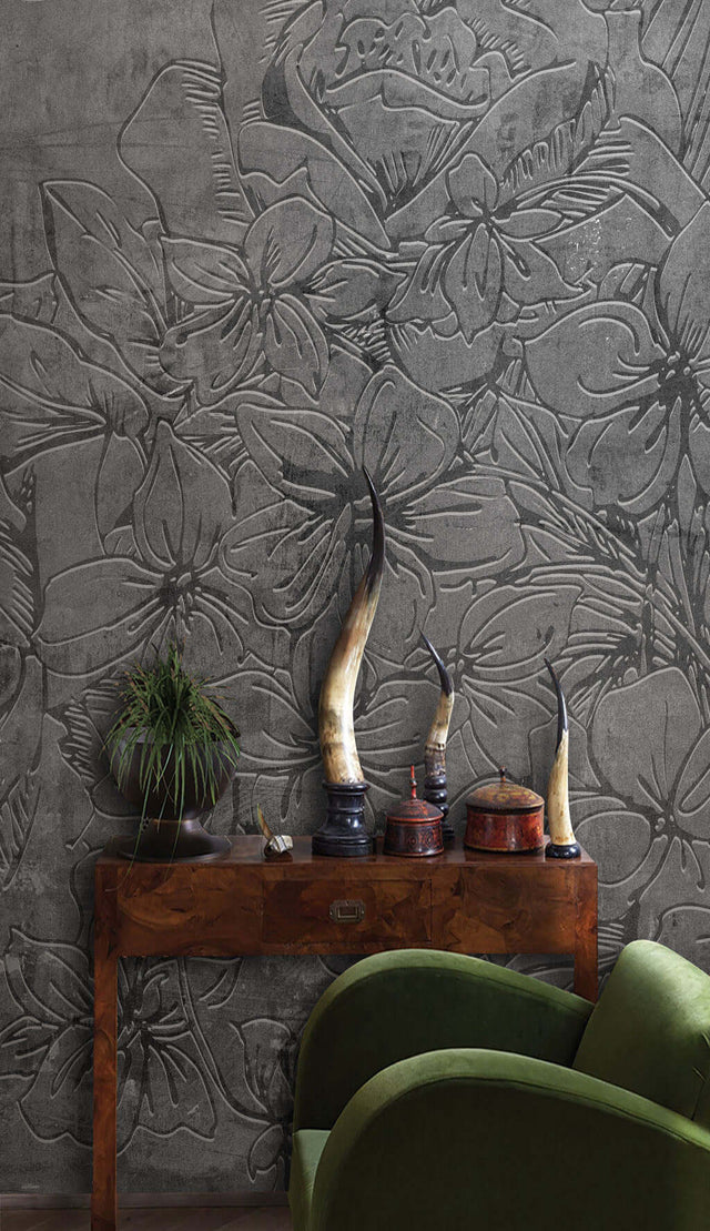 Gray Emboss Florals Wallpaper Mural-ChandeliersDecor.com