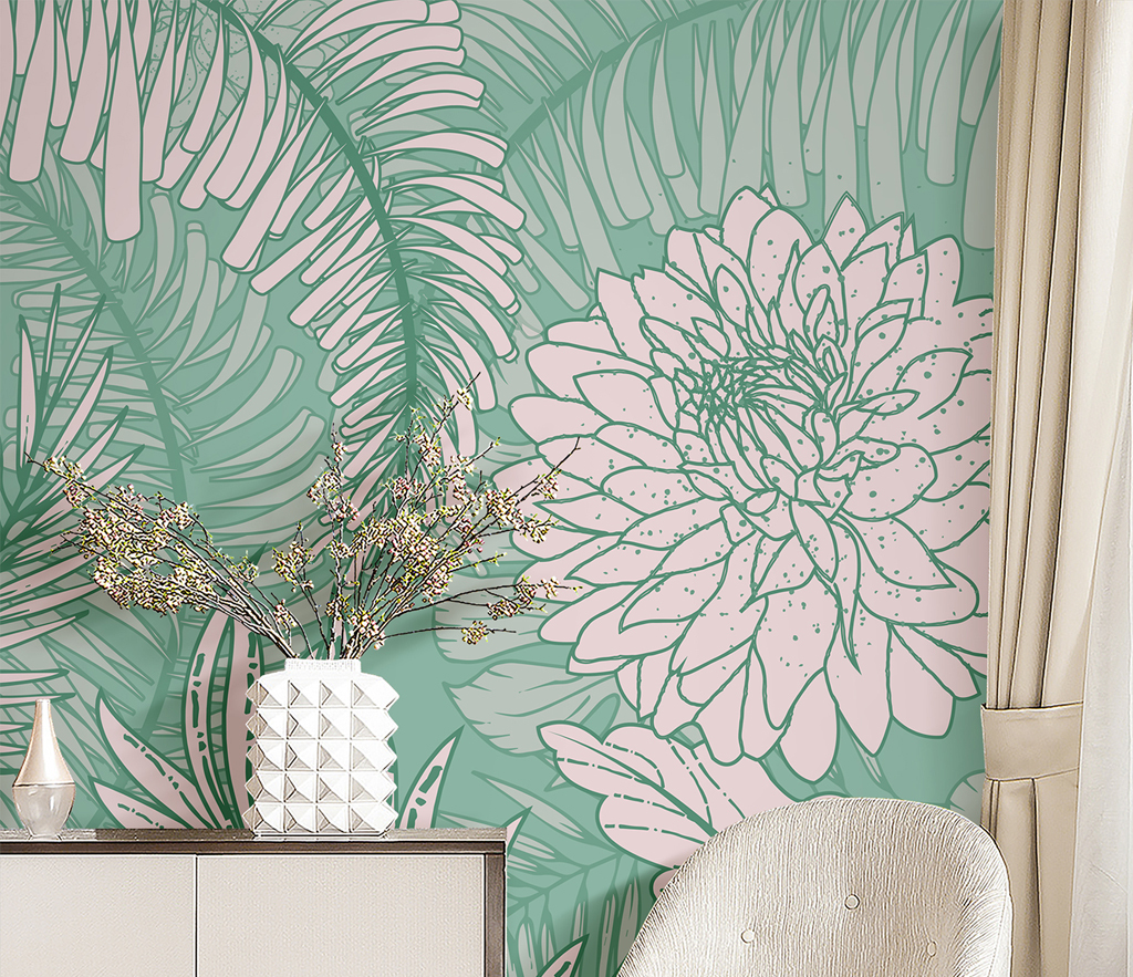 Papier peint mural avec fleurs vertes - Superbe décoration murale