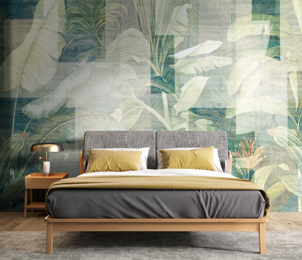 Green Geometric Leaves Wallpaper Murals-ChandeliersDecor
