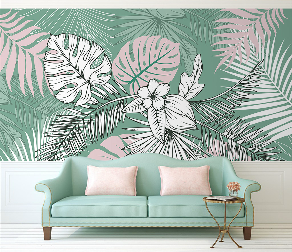 Green Sketch Floral Leaves Wallpaper Mural-ChandeliersDecor