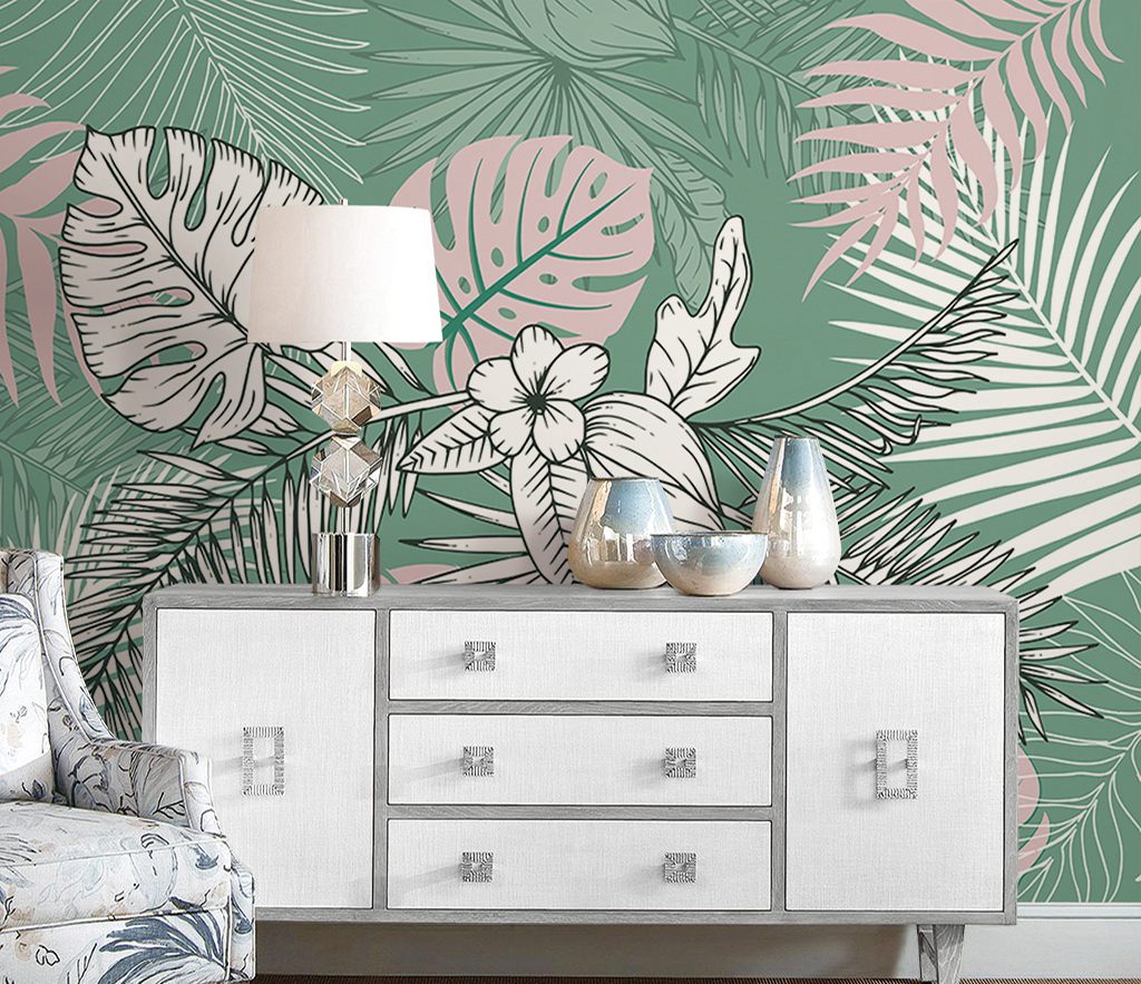 Green Sketch Floral Leaves Wallpaper Mural-ChandeliersDecor