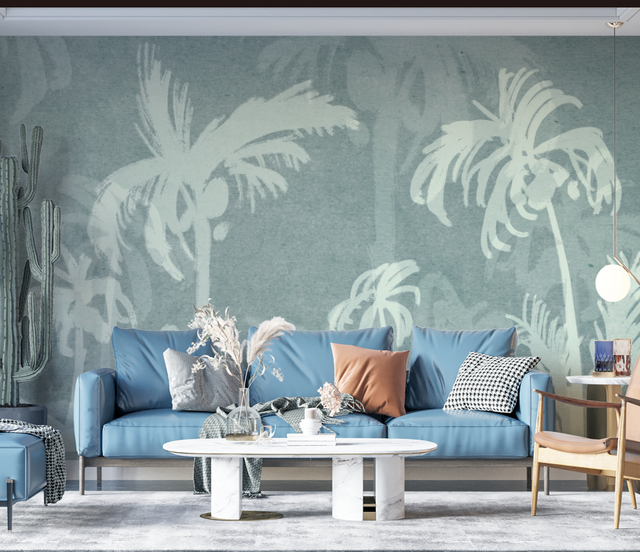 Green Sketch Trace Tree - Coconut Tree Wallpaper Murals-ChandeliersDecor