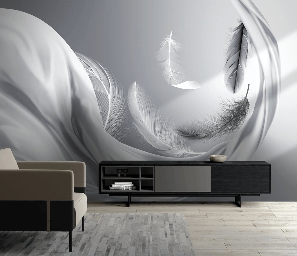 Grey Feathers Wallpaper Murals-ChandeliersDecor.com
