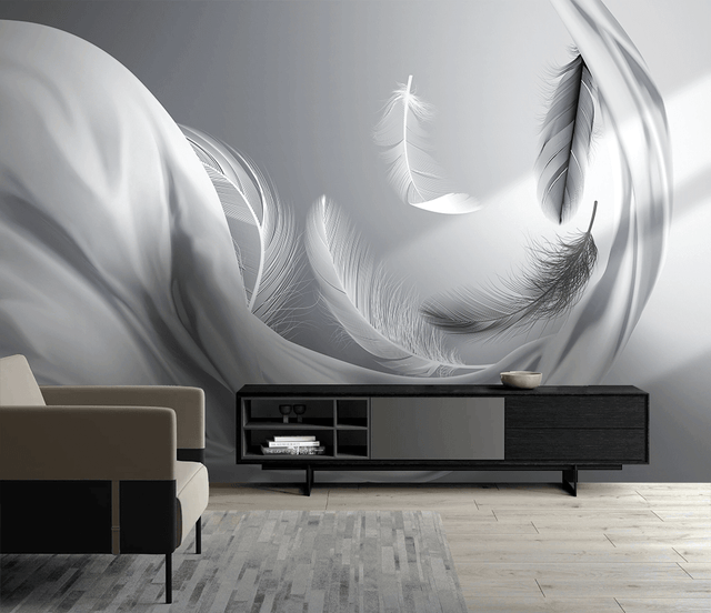 Grey Feathers Wallpaper Murals-ChandeliersDecor.com