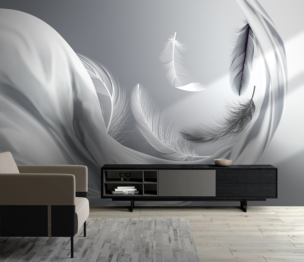 Grey Feathers Wallpaper Murals-ChandeliersDecor