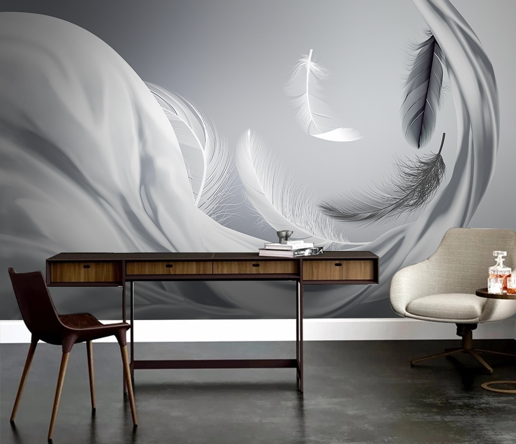 Grey Feathers Wallpaper Murals-ChandeliersDecor