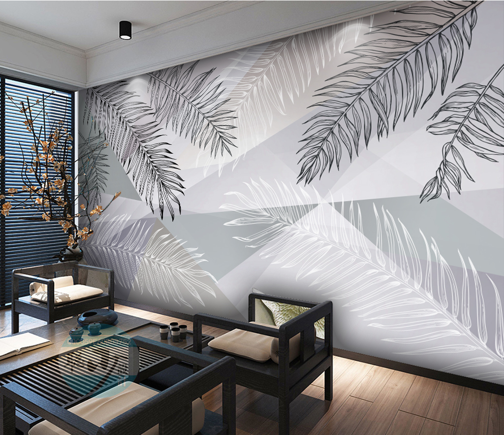 Grey Long Leafs Wallpaper Murals-ChandeliersDecor