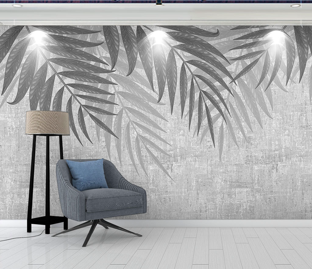 Grey Scenic Leaves Wallpaper Mural-ChandeliersDecor
