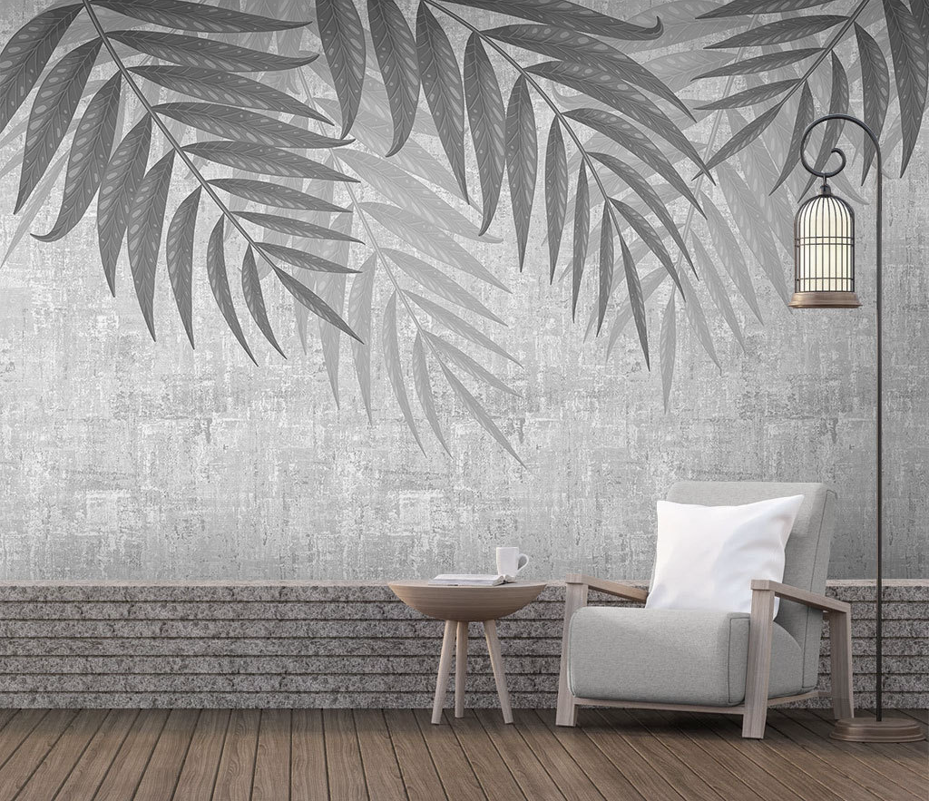Grey Scenic Leaves Wallpaper Mural-ChandeliersDecor