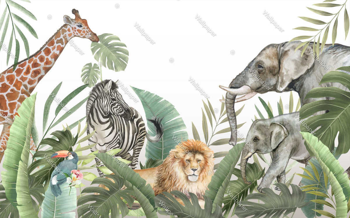 Carta da parati murale Safari nella giungla - Decorazione murale con fauna selvatica vibrante