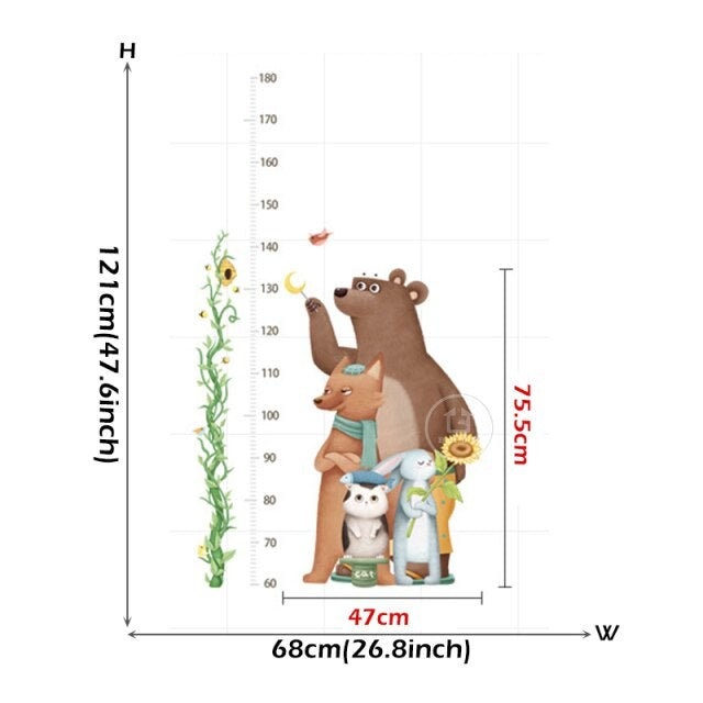 Big Brown Bear Height Ruler Wall Stickers for kids Room | Baby Nursery Wall Decals Children Bedroom