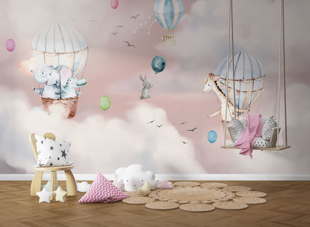 Kids Nursery Wallpaper Mural - Animals on Air Balloon-ChandeliersDecor