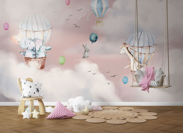 Kids Nursery Wallpaper Mural - Animals on Air Balloon-ChandeliersDecor