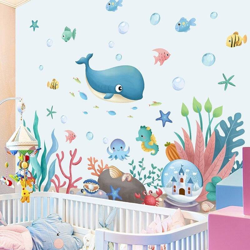 Sea World Ocean Wall Decal for kids room, Wall Stickers for Nursery Ocean Life with Whale, Fishes, Octopus, Turtles, Corals,