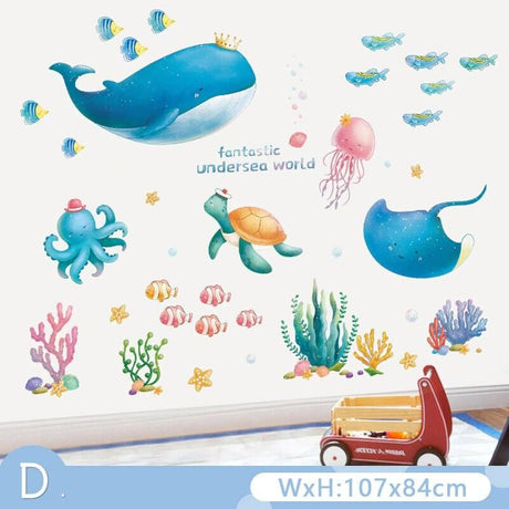 Sea World Ocean Wall Decal for kids room, Wall Stickers for Nursery Ocean Life with Whale, Fishes, Octopus, Turtles, Corals,