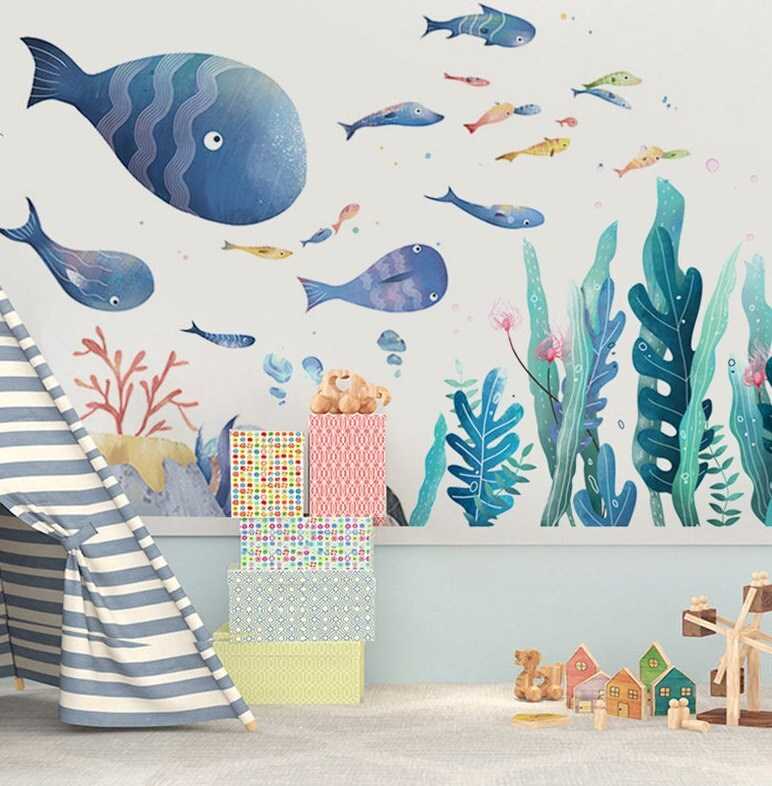 Sea World Ocean Wall Decal for kids room, Wall Stickers for Nursery Ocean Life with Whale, Fishes, Octopus, Turtles, Corals,