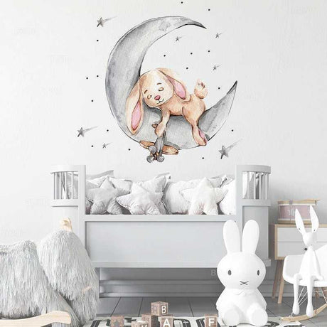 Teddy Bear Sleeping on the Moon Wall Decal | Rabbit on the Moon Wall Decal | Kids Room Baby Room Decoration Wall Decals