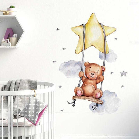 Teddy Bear Sleeping on the Moon Wall Decal | Rabbit on the Moon Wall Decal | Kids Room Baby Room Decoration Wall Decals