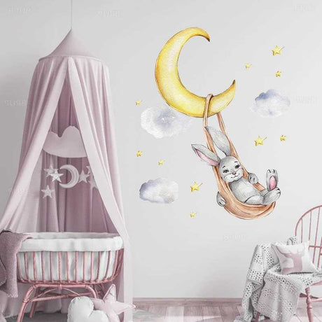 Teddy Bear Sleeping on the Moon Wall Decal | Rabbit on the Moon Wall Decal | Kids Room Baby Room Decoration Wall Decals