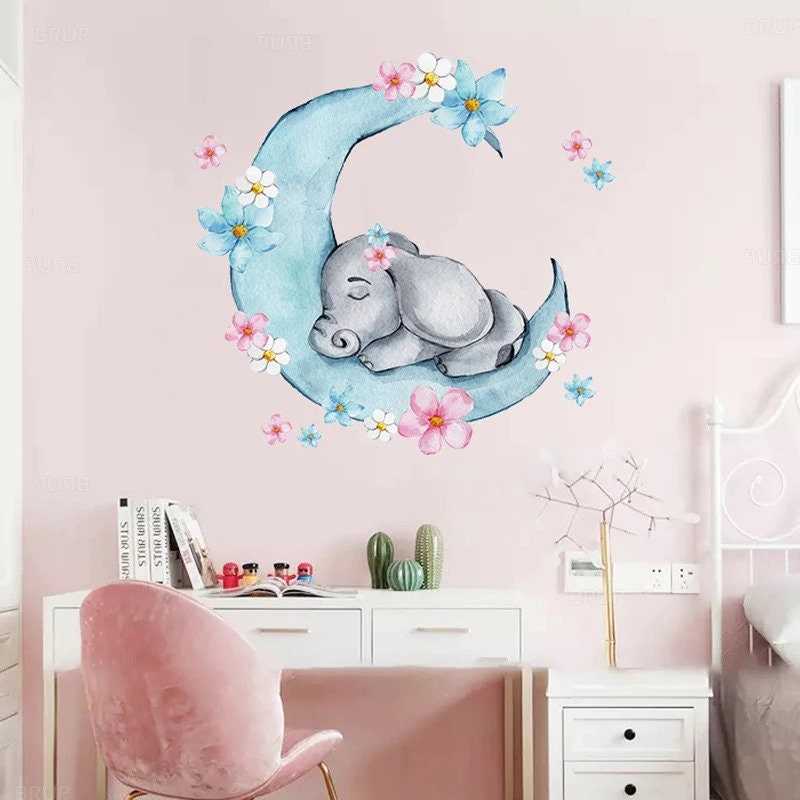 Teddy Bear Sleeping on the Moon Wall Decal | Rabbit on the Moon Wall Decal | Kids Room Baby Room Decoration Wall Decals