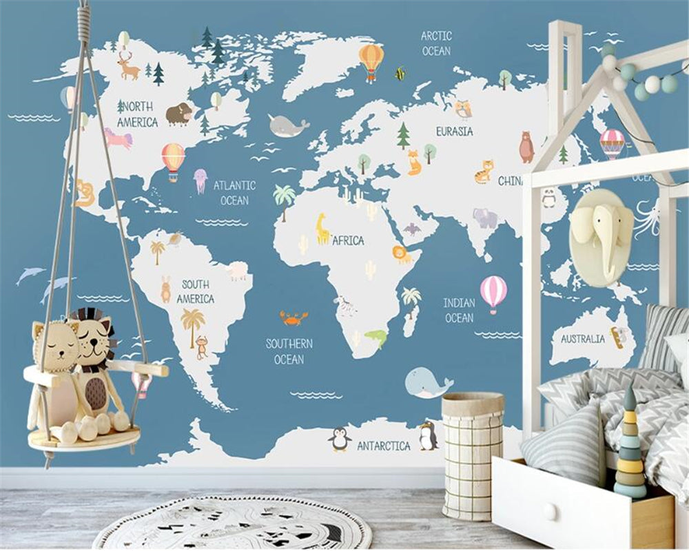 Kids World Map Wallpaper Mural - Educational Wall Decor-ChandeliersDecor