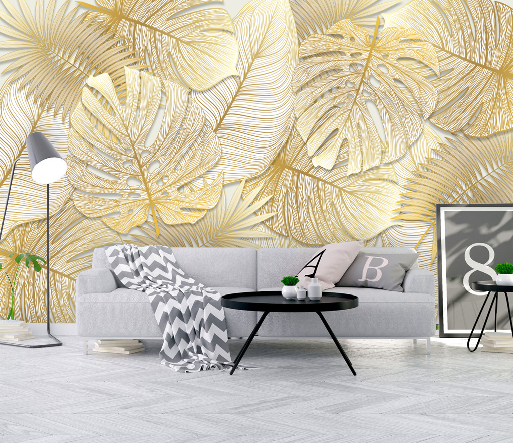 Large Golden Monstera Leaves Wallpaper Mural-ChandeliersDecor