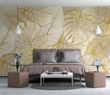 Large Golden Monstera Leaves Wallpaper Mural-ChandeliersDecor