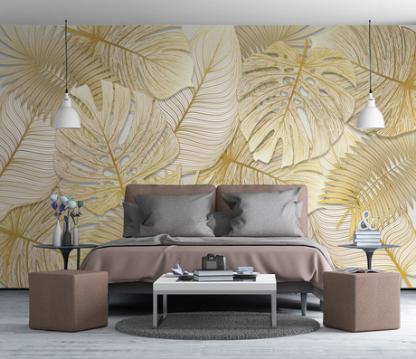 Large Golden Monstera Leaves Wallpaper Mural-ChandeliersDecor