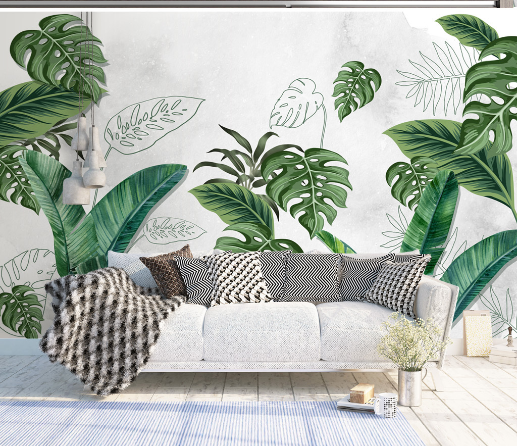 Large Green Leaves - Tropical Wallpaper Murals-ChandeliersDecor