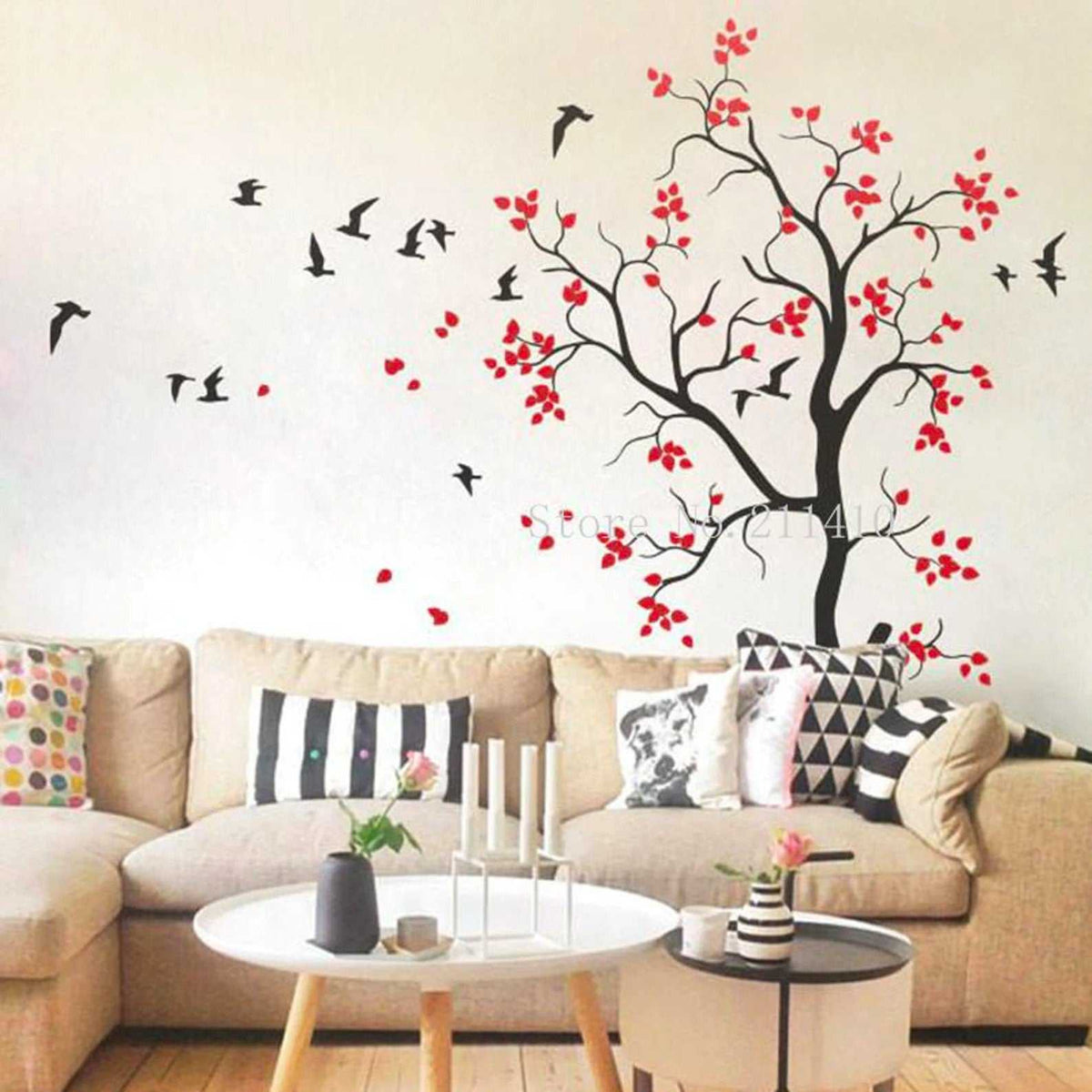 Large Tree Wall Sticker with Flying Birds | Living Room wall decal