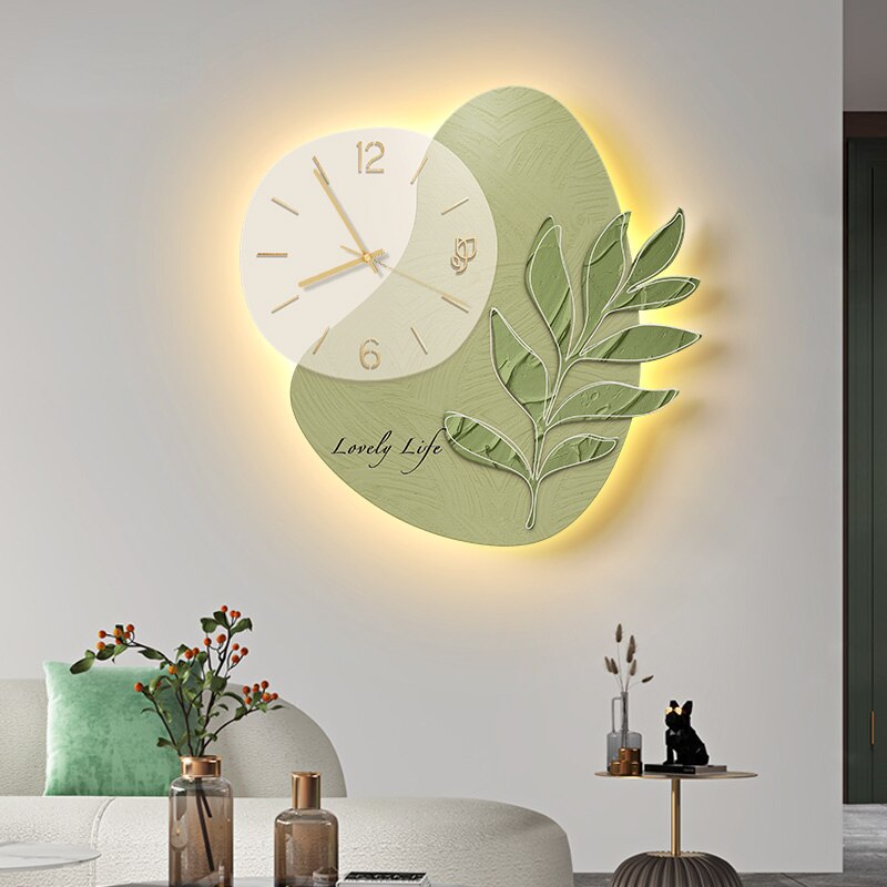 Horloge murale à feuilles vertes lumineuses à LED