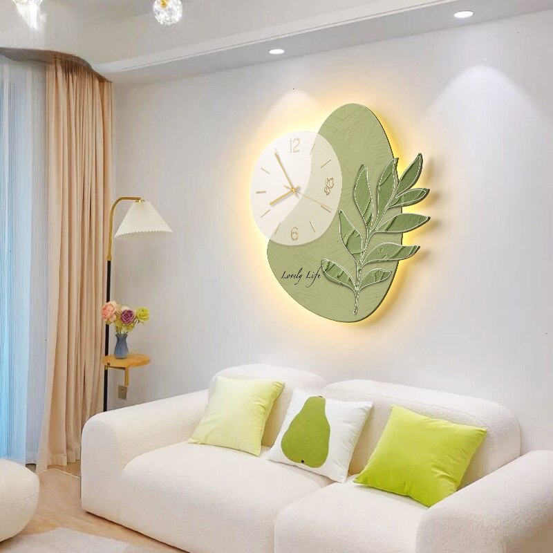 LED Lights Glowing Green Leaf Wall Clock