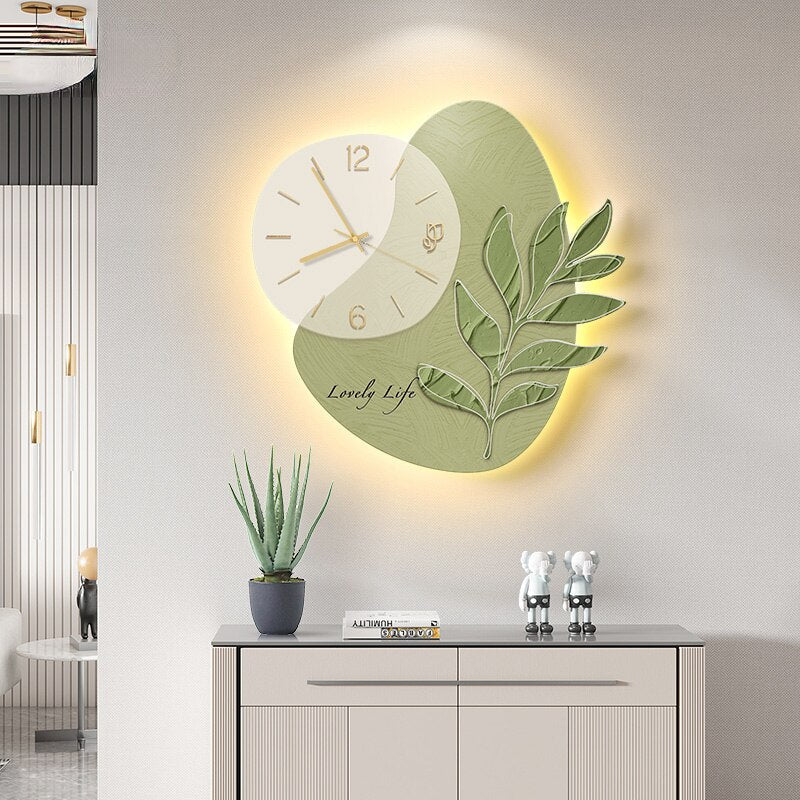 LED Lights Glowing Green Leaf Wall Clock